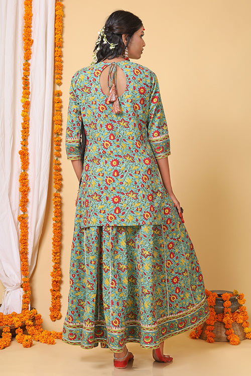 Shuddhi Sea Green and red handblock printed skirt, kurta and Duppatta set