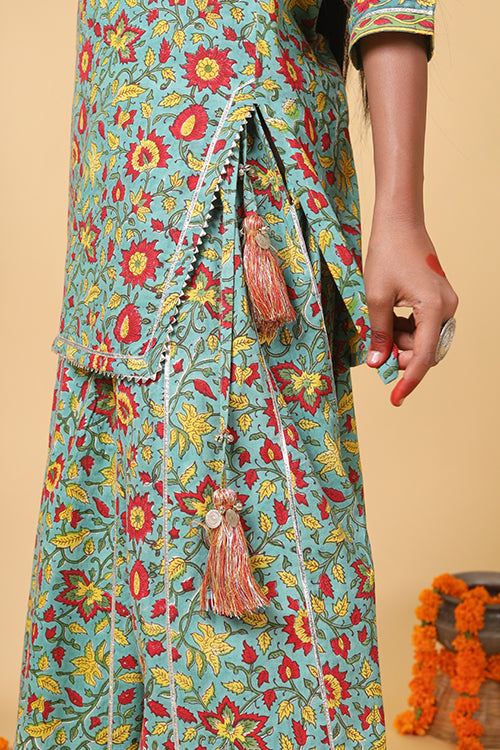 Shuddhi Sea Green and red handblock printed skirt, kurta and Duppatta set