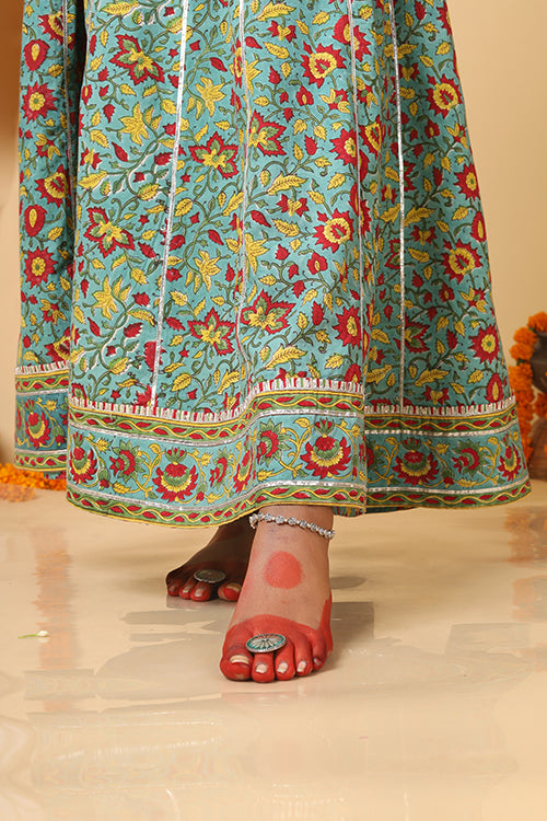 Shuddhi Sea Green and red handblock printed skirt, kurta and Duppatta set