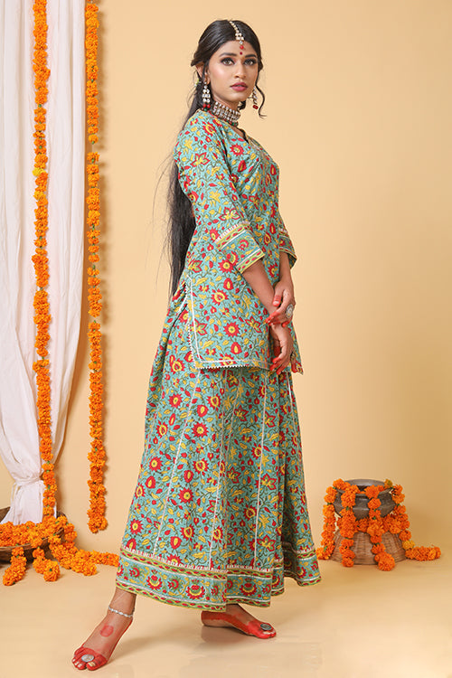 Sea Green & Red Block Printed Kurta and Duppatta Set For Women Online
