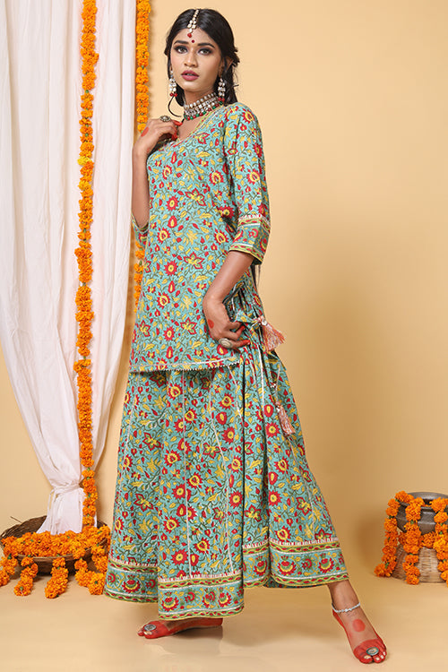 Shuddhi Sea Green and red handblock printed skirt, kurta and Duppatta set