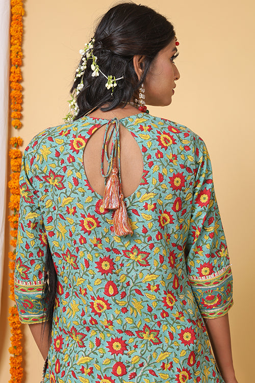 Shuddhi Sea Green and red handblock printed skirt, kurta and Duppatta set