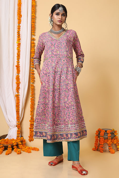 Shuddhi Pink and Teal Green A line Gota Lace Kurta