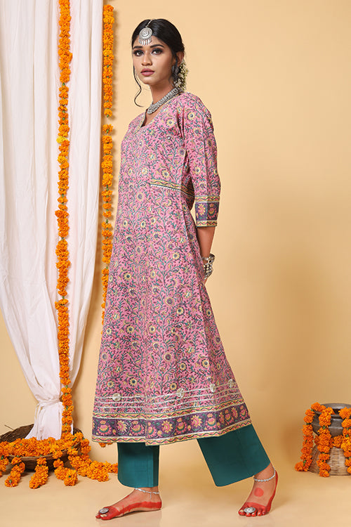 Shuddhi Pink and Teal Green A line Gota Lace Kurta