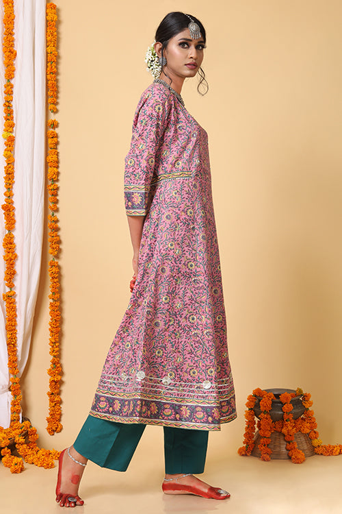 Shuddhi Pink and Teal Green A line Gota Lace Kurta