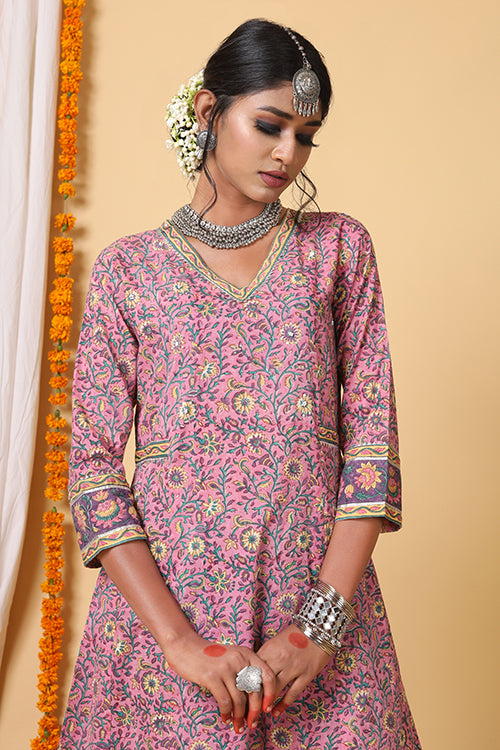 Shuddhi Pink and Teal Green A line Gota Lace Kurta