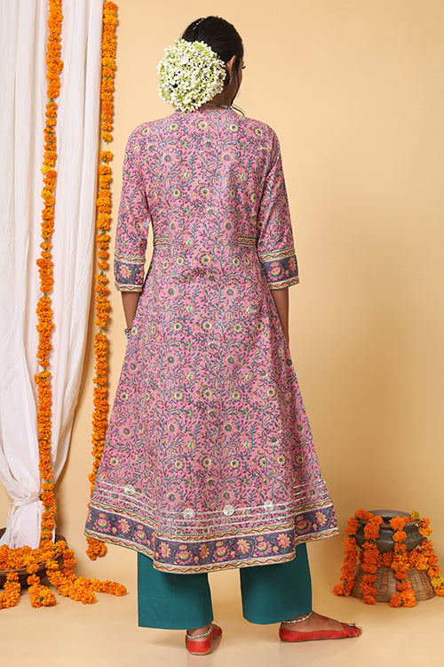 Shuddhi Pink and Teal Green A line Gota Lace Kurta