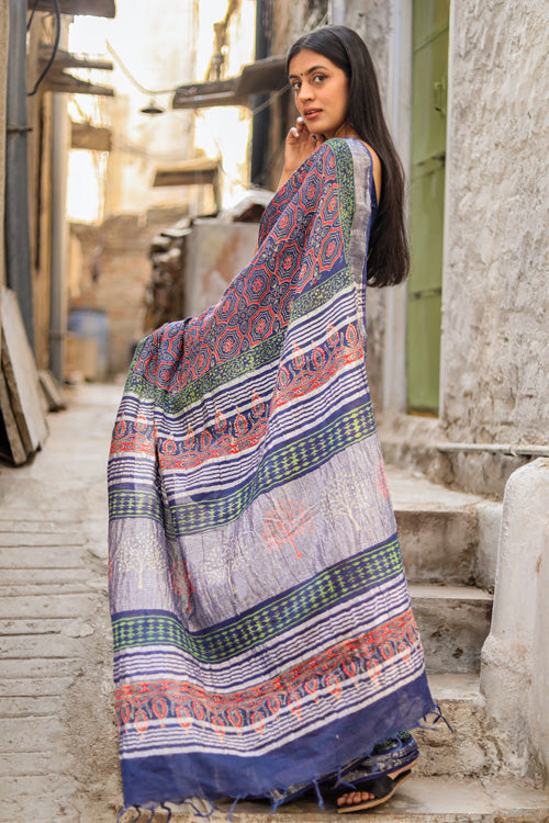 Sooti Syahi Udaan - Flights of Fantasy : Handblock Printed Slub Cotton Saree