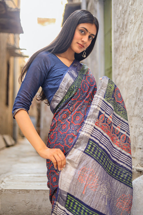 Sooti Syahi Udaan - Flights of Fantasy : Handblock Printed Slub Cotton Saree