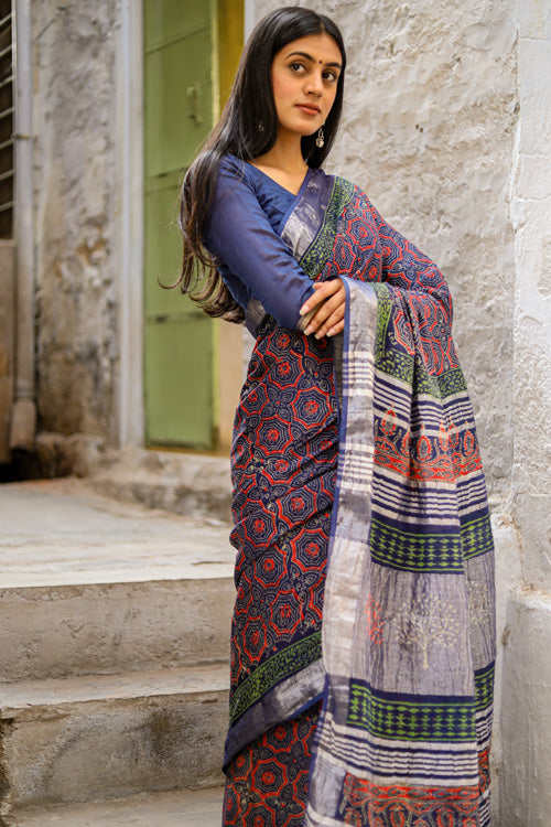 Sooti Syahi Udaan - Flights of Fantasy : Handblock Printed Slub Cotton Saree
