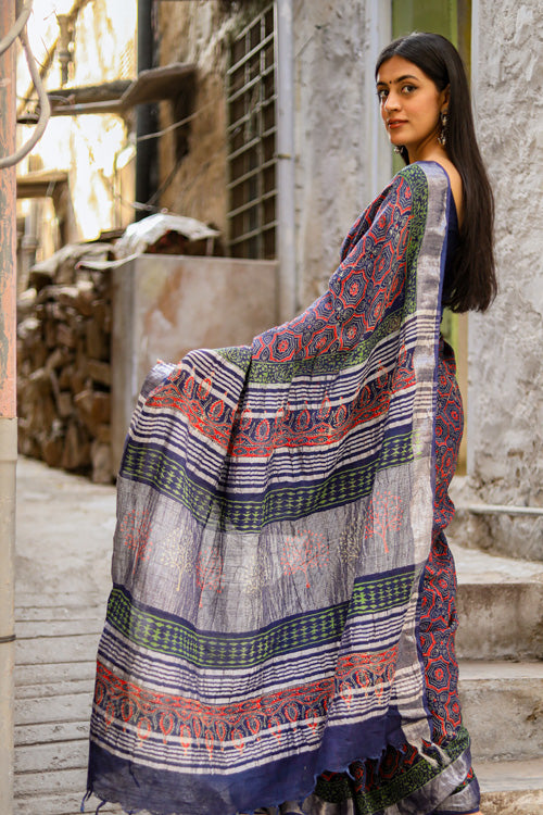 Sooti Syahi Udaan - Flights of Fantasy : Handblock Printed Slub Cotton Saree