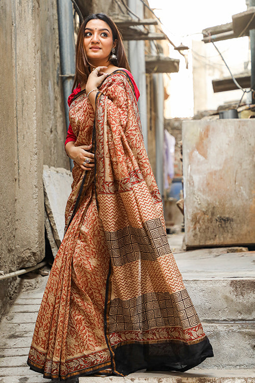 Sooti Syahi The Best of Traditions : BAGRU Handblock Print Chanderi Silk Saree