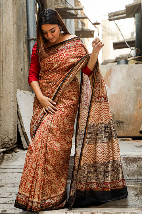 Sooti Syahi The Best Of Traditions Bagru Handblock Print Chanderi Silk Saree Online