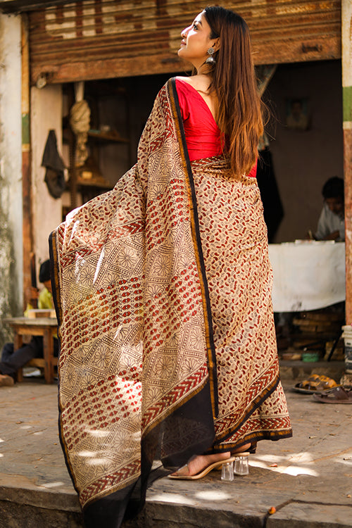 Sooti Syahi Paisleys & Polkas : BAGRU Handblock Print Chanderi Silk Saree
