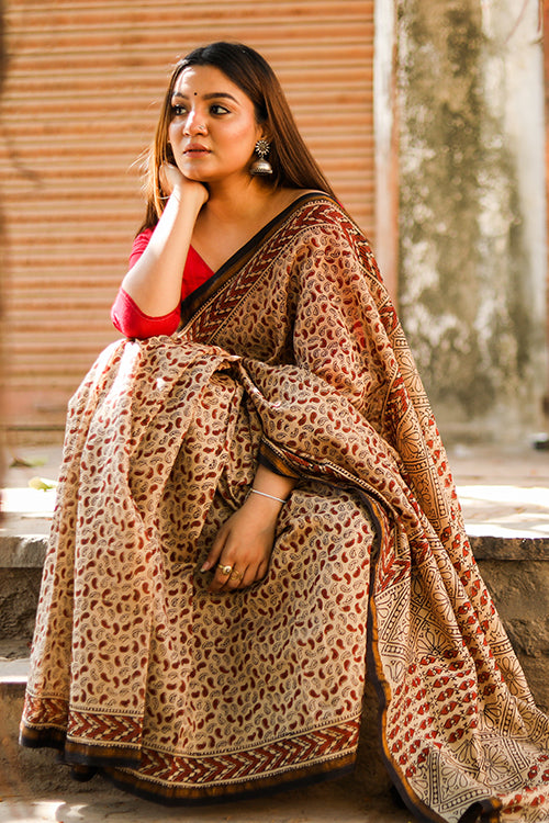 Sooti Syahi Paisleys & Polkas : BAGRU Handblock Print Chanderi Silk Saree