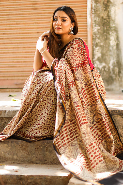 Sooti Syahi Paisleys & Polkas : BAGRU Handblock Print Chanderi Silk Saree