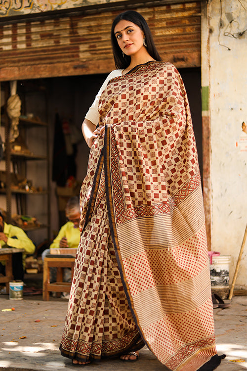 Sooti Syahi Your perfect Square : BAGRU Handblock Print Chanderi Silk Saree