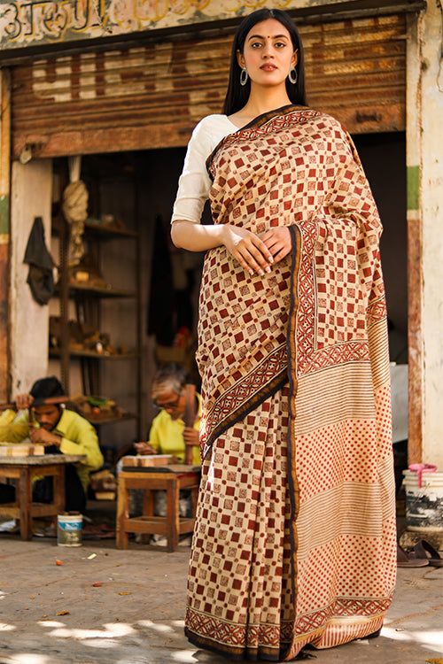 Sooti Syahi Your Perfect Square Bagru Handblock Print Chanderi Silk Saree Online