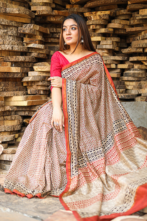 Sooti Syahi Building Blocks Of Wisdom Bagru Handblock Print Chanderi Silk Saree Online