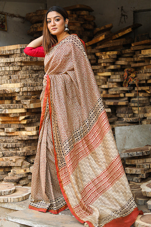 Sooti Syahi Building Blocks Of Wisdom Bagru Handblock Print Chanderi Silk Saree Online
