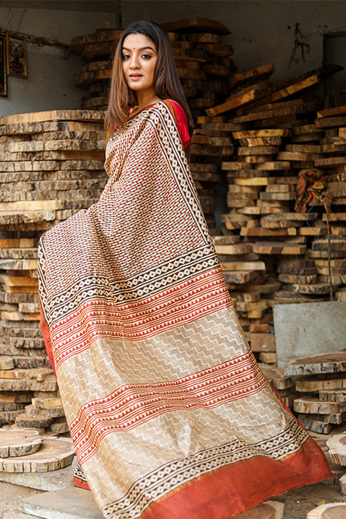 Sooti Syahi Building Blocks of Wisdom : BAGRU Handblock Print Chanderi Silk Saree