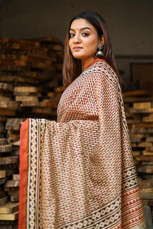 Sooti Syahi Building Blocks of Wisdom : BAGRU Handblock Print Chanderi Silk Saree