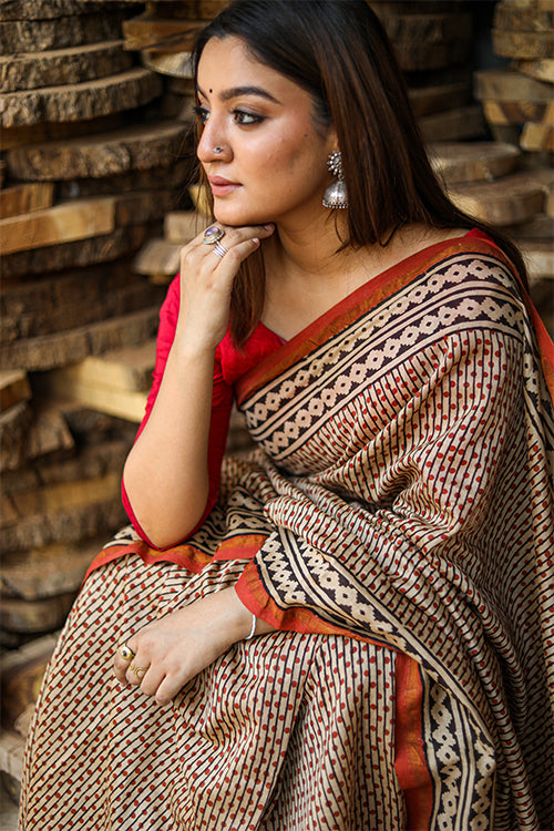 Sooti Syahi Building Blocks of Wisdom : BAGRU Handblock Print Chanderi Silk Saree