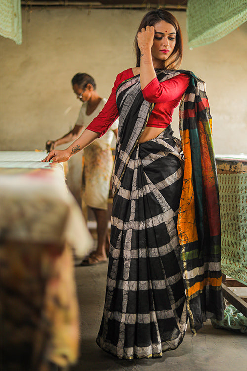 Batik Handblock Print Black & Grey Chanderi Silk Saree Online