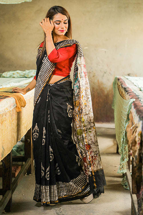 Sooti Syahi Batik Handblock Print Chanderi Silk Saree-72