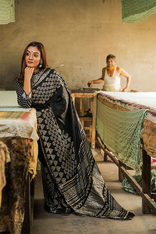Black and White Hand Block Printed Cotton Slub Saree Online
