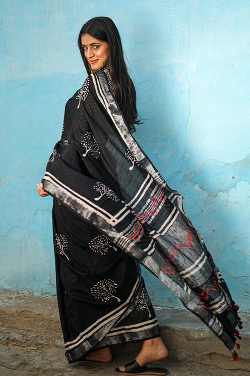 Sooti Syahi Tree of Life: CHUNA PATRI Handblock Printed Chanderi Silk Saree