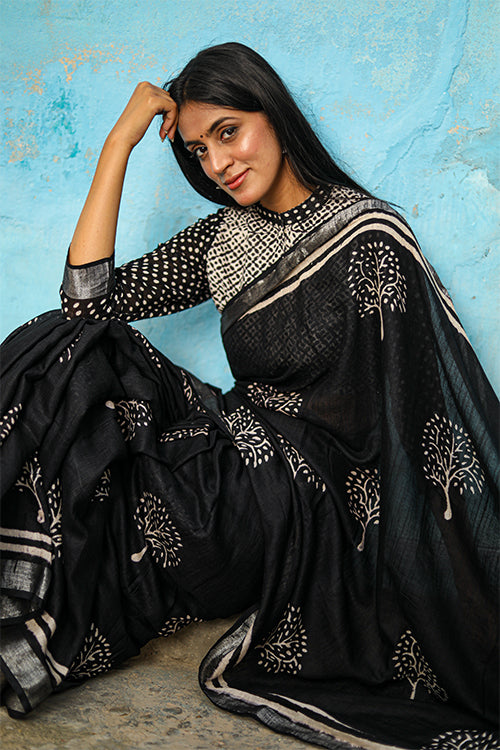 Sooti Syahi Tree of Life: CHUNA PATRI Handblock Printed Chanderi Silk Saree