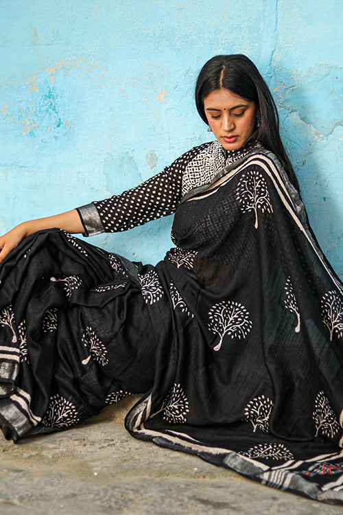 Sooti Syahi Tree of Life: CHUNA PATRI Handblock Printed Chanderi Silk Saree