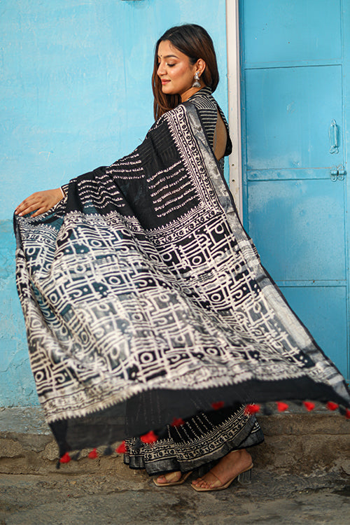 Sooti Syahi Life in lines: CHUNA PATRI Handblock Printed Chanderi Silk Saree