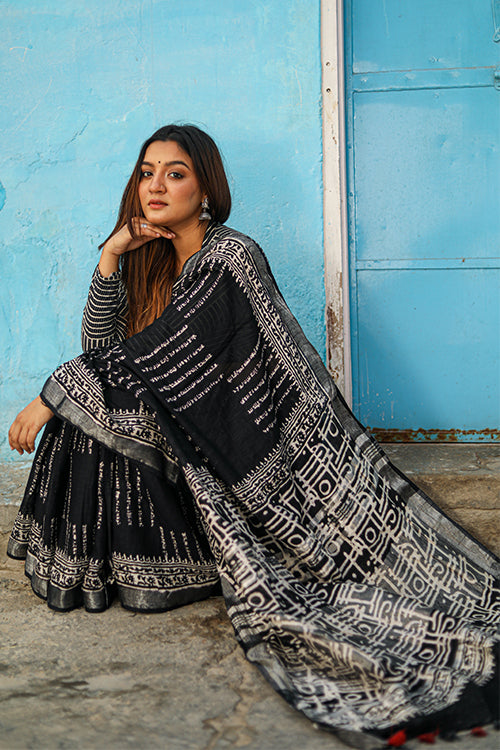 Sooti Syahi Life in lines: CHUNA PATRI Handblock Printed Chanderi Silk Saree