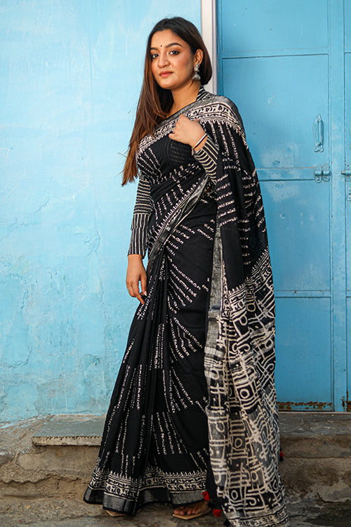 Life In Lines Handblock Printed Chanderi Silk Saree Online