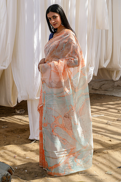 Sooti Syahi Tangy Narangi : Hand Marble Printed Chanderi Silk Saree