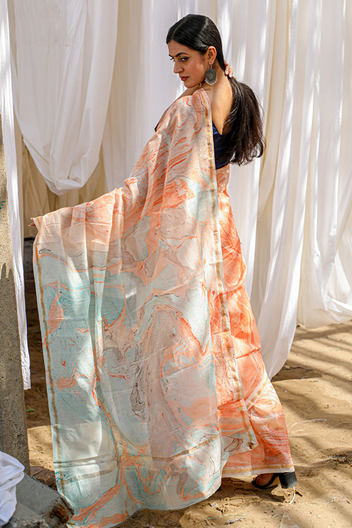 Sooti Syahi Tangy Narangi : Hand Marble Printed Chanderi Silk Saree