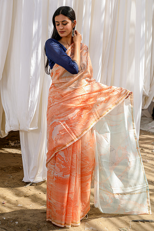 Sooti Syahi Tangy Narangi : Hand Marble Printed Chanderi Silk Saree