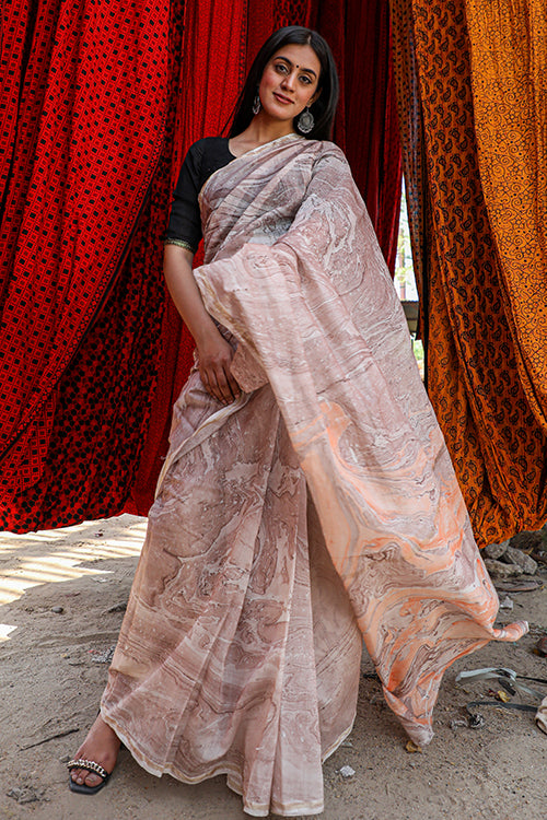 Sooti Syahi Clouds and Rainbow Hand Marble Printed Chanderi Silk Saree Online