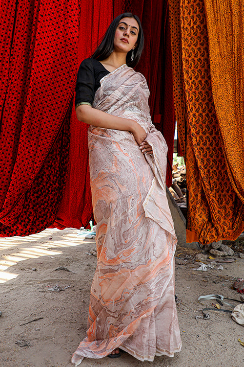 Sooti Syahi Clouds and Rainbows : Hand Marble Printed Chanderi Silk Saree