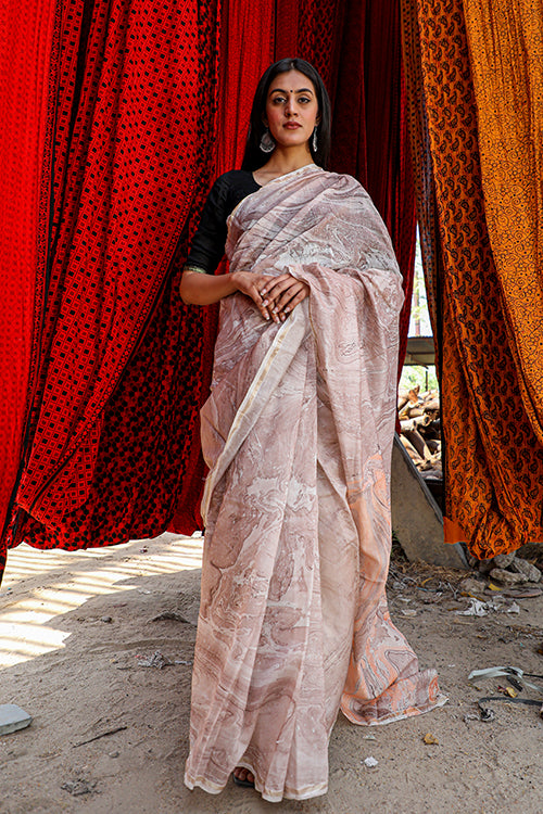 Sooti Syahi Clouds and Rainbows : Hand Marble Printed Chanderi Silk Saree
