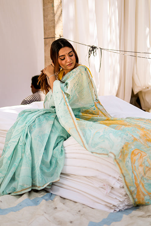 Sooti Syahi Colour Invent : Hand Marble Printed Chanderi Silk Saree