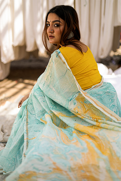 Sooti Syahi Colour Invent : Hand Marble Printed Chanderi Silk Saree