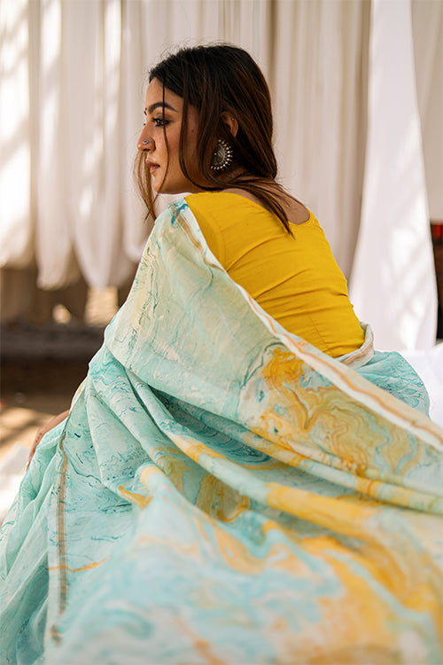 Sooti Syahi Colour Invent : Hand Marble Printed Chanderi Silk Saree