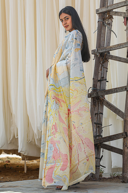 Sooti Syahi Sorbet Lemons : Hand Marble Printed Chanderi Silk Saree