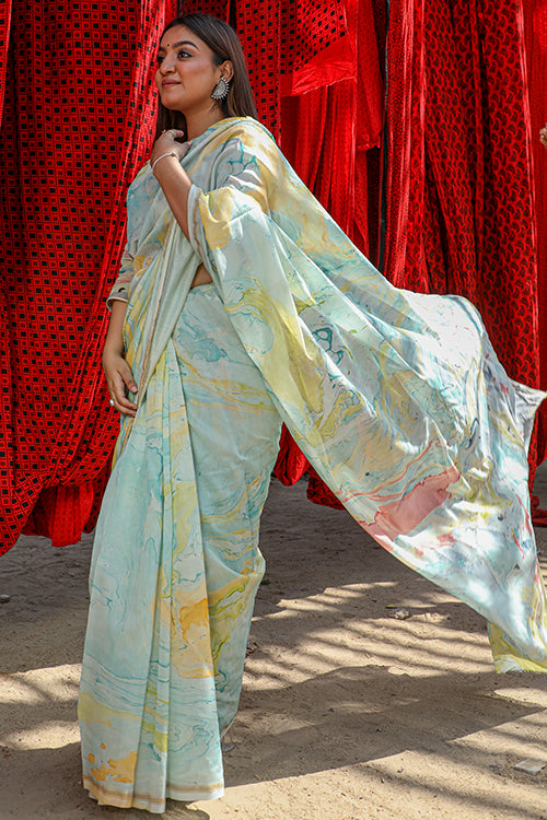 Sooti Syahi A Blaze of Style : Hand Marble Printed Chanderi Silk Saree