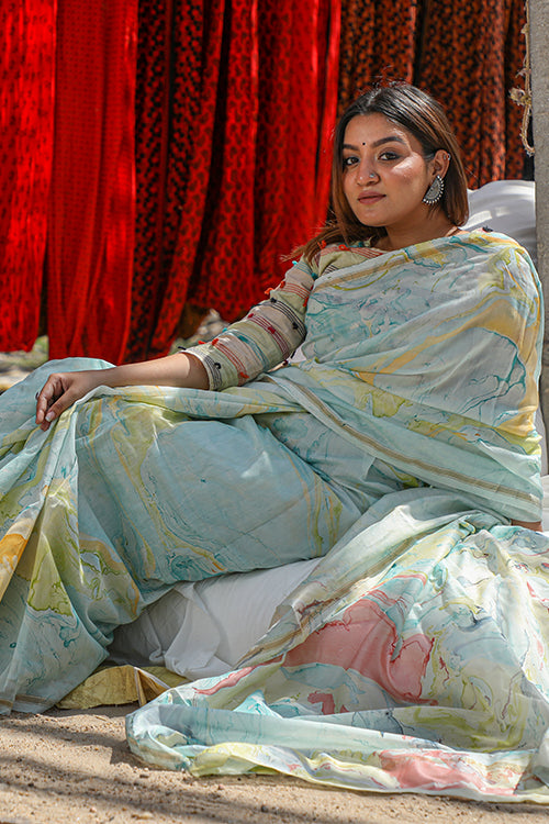 Sooti Syahi A Blaze of Style : Hand Marble Printed Chanderi Silk Saree