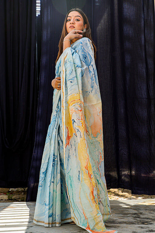 Sooti Syahi Nadiya ke Paar : Hand Marble Printed Chanderi Silk Saree