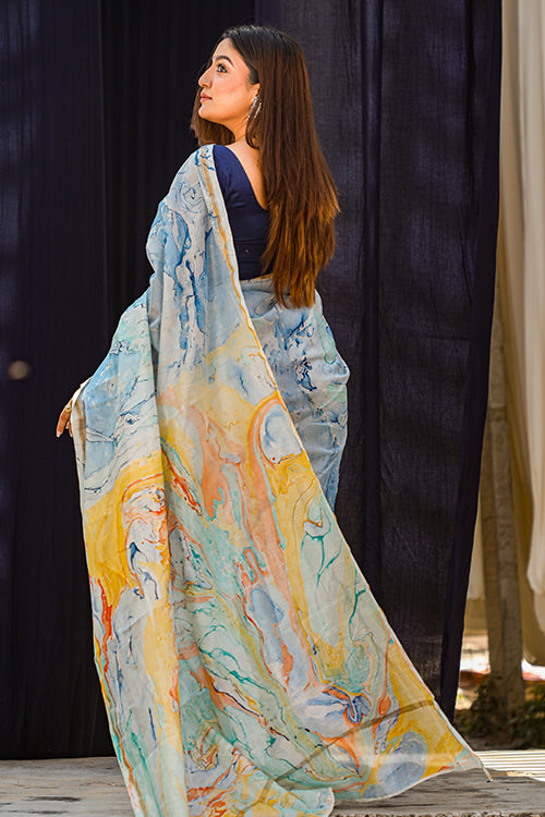 Sooti Syahi Nadiya ke Paar : Hand Marble Printed Chanderi Silk Saree